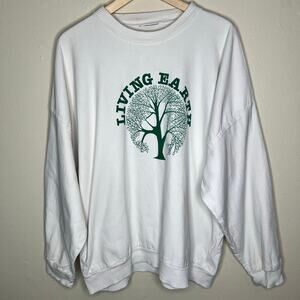 Vintage Living Earth Sweatshirt Twill Cotton Unisex White Green Tree Graphic 80s